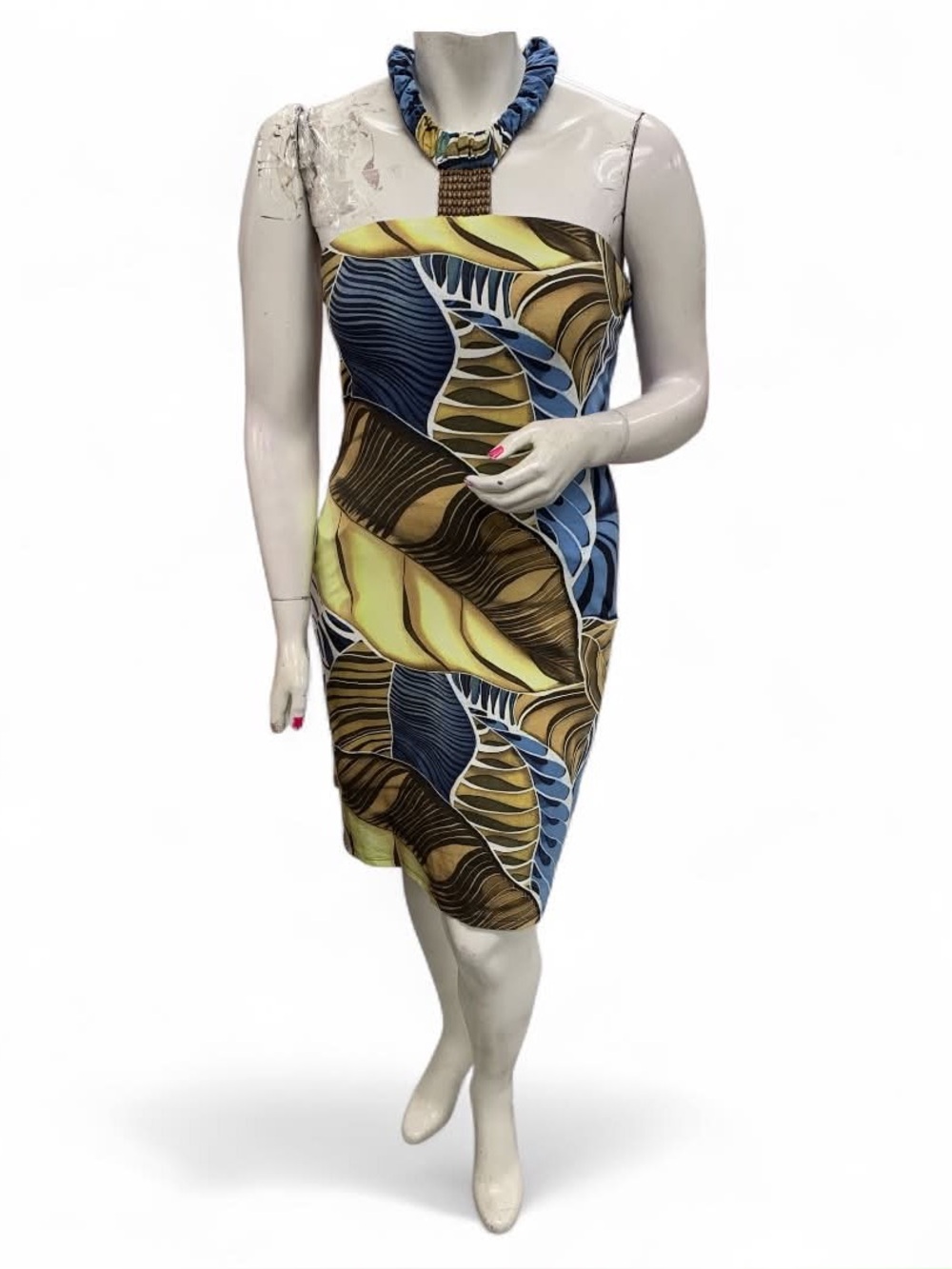 Nueva Strapless Leaf-Print Midi Dress in Blue, Yellow & Brown Size XL